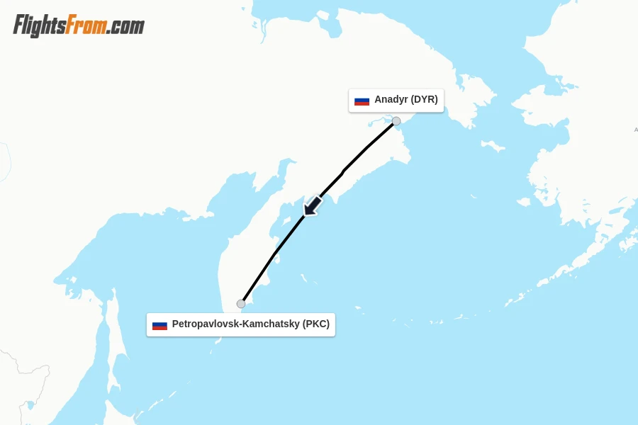 Flights from Anadyr to Petropavlovsk-Kamchatsky route map