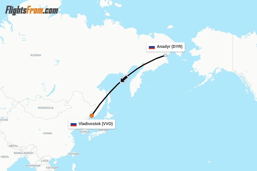Flights from Anadyr to Vladivostok route map