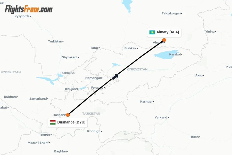 Flights from Dushanbe to Almaty route map