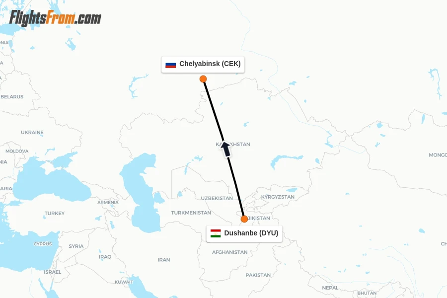 Flights from Dushanbe to Chelyabinsk route map