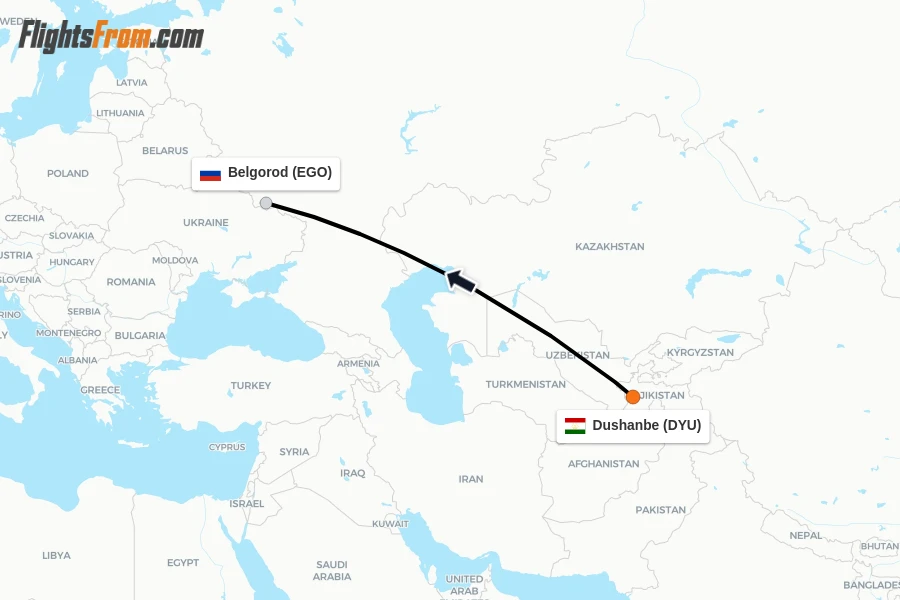 Flights from Dushanbe to Belgorod route map
