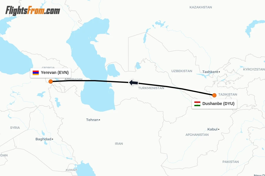 Flights from Dushanbe to Yerevan route map