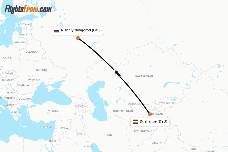 Flights from Dushanbe to Nizhniy Novgorod route map
