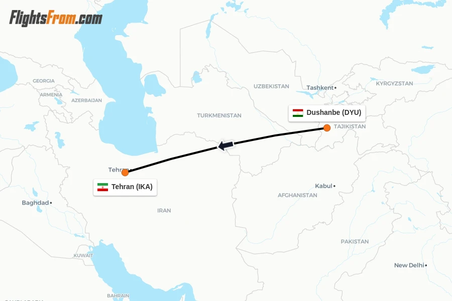 Flights from Dushanbe to Tehran route map