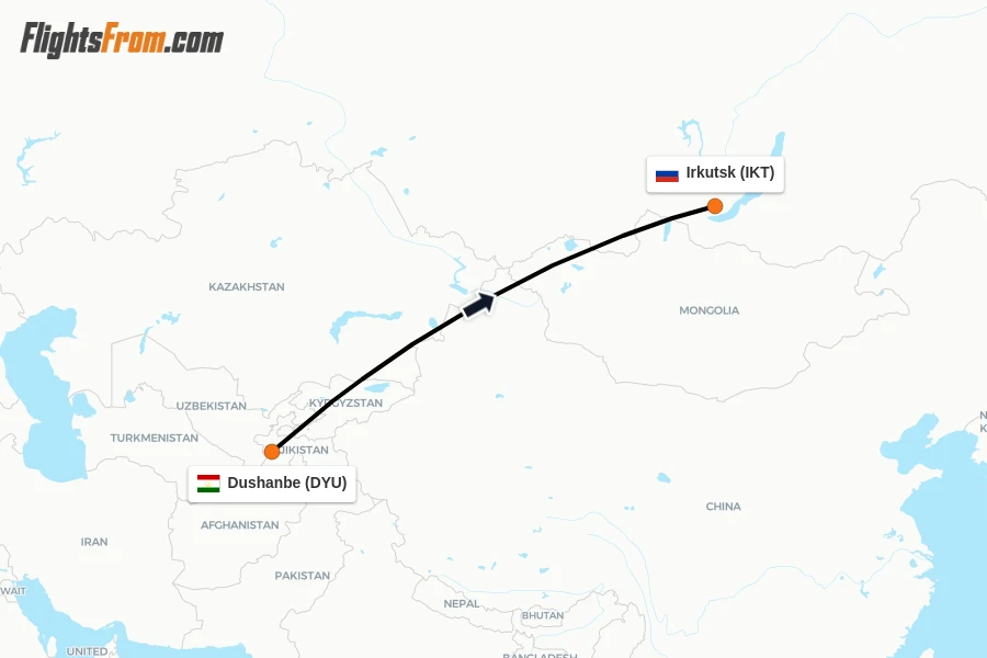 Flights from Dushanbe to Irkutsk route map