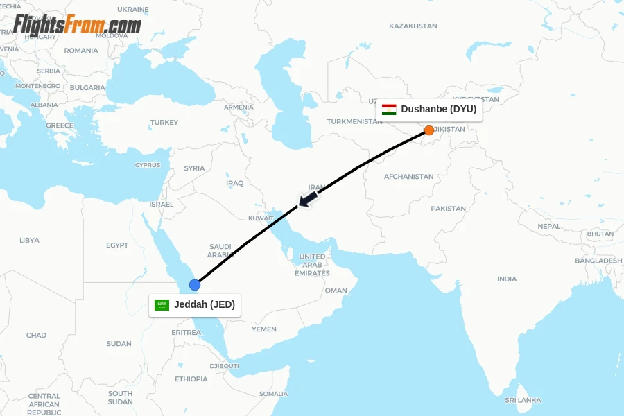 Flights from Dushanbe to Jeddah route map