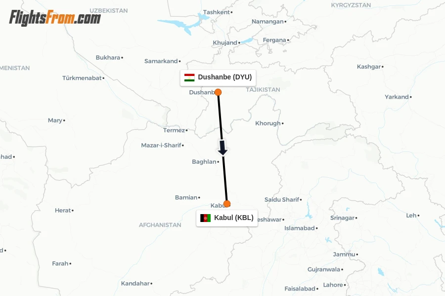 Flights from Dushanbe to Kabul route map