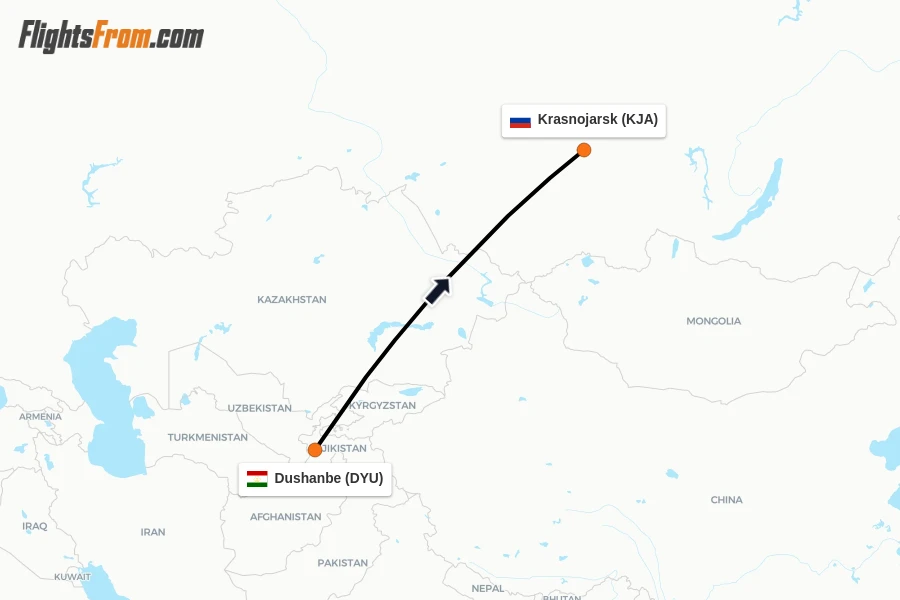 Flights from Dushanbe to Krasnojarsk route map