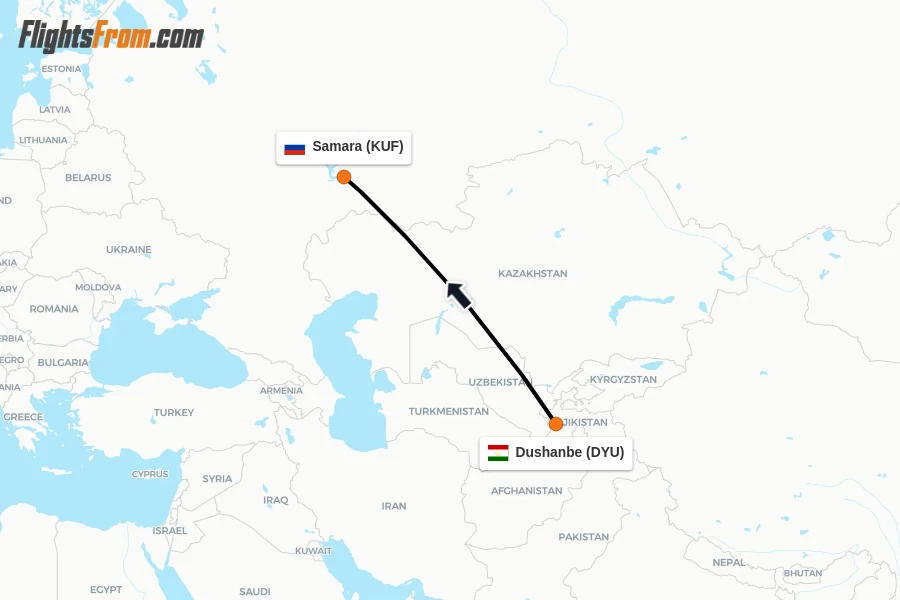 Flights from Dushanbe to Samara route map