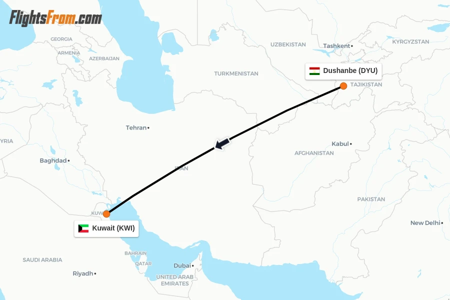 Flights from Dushanbe to Kuwait route map