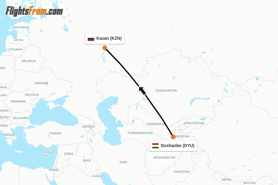 Flights from Dushanbe to Kazan route map