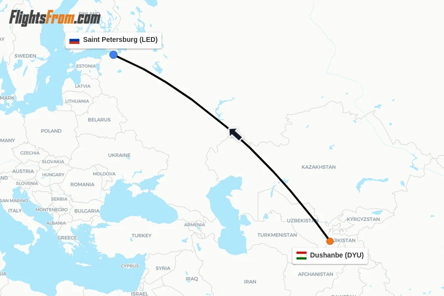 Flights from Dushanbe to Saint Petersburg route map