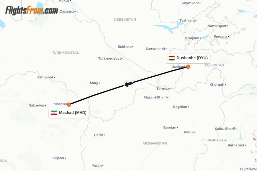 Flights from Dushanbe to Mashad route map