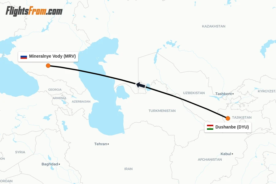 Flights from Dushanbe to Mineralnye Vody route map