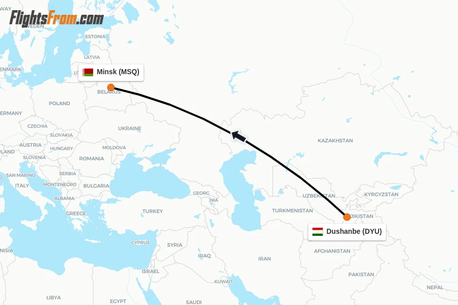 Flights from Dushanbe to Minsk route map