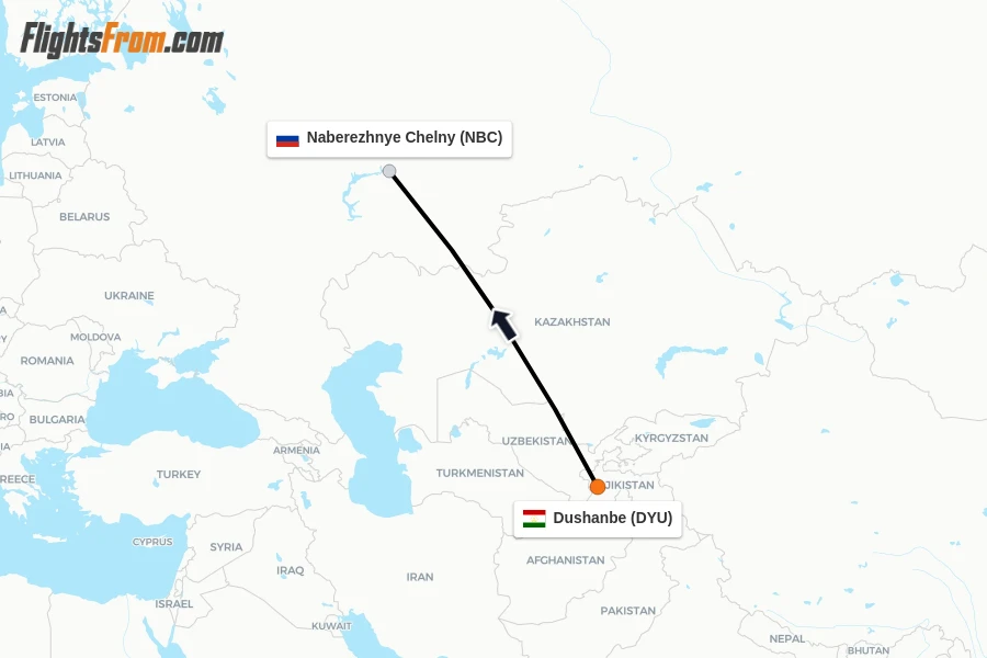 Flights from Dushanbe to Naberezhnye Chelny route map