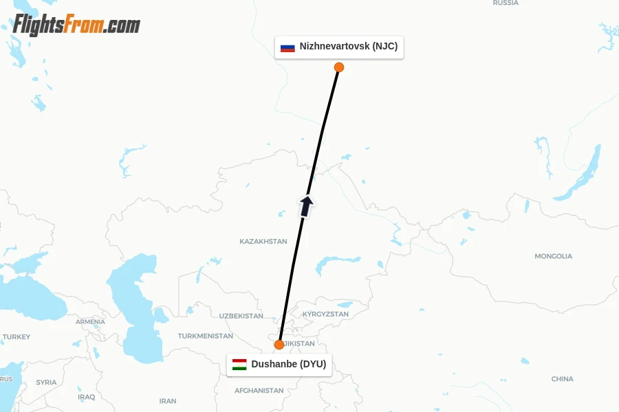 Flights from Dushanbe to Nizhnevartovsk route map