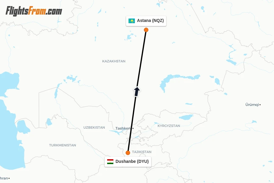 Flights from Dushanbe to Astana route map
