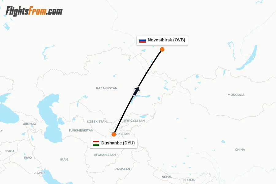 Flights from Dushanbe to Novosibirsk route map