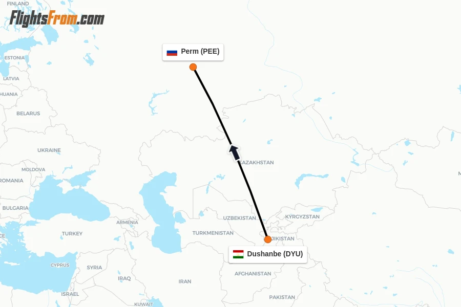 Flights from Dushanbe to Perm route map