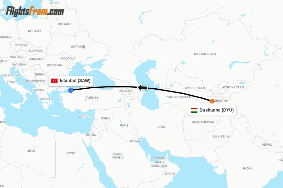 Flights from Dushanbe to Istanbul route map