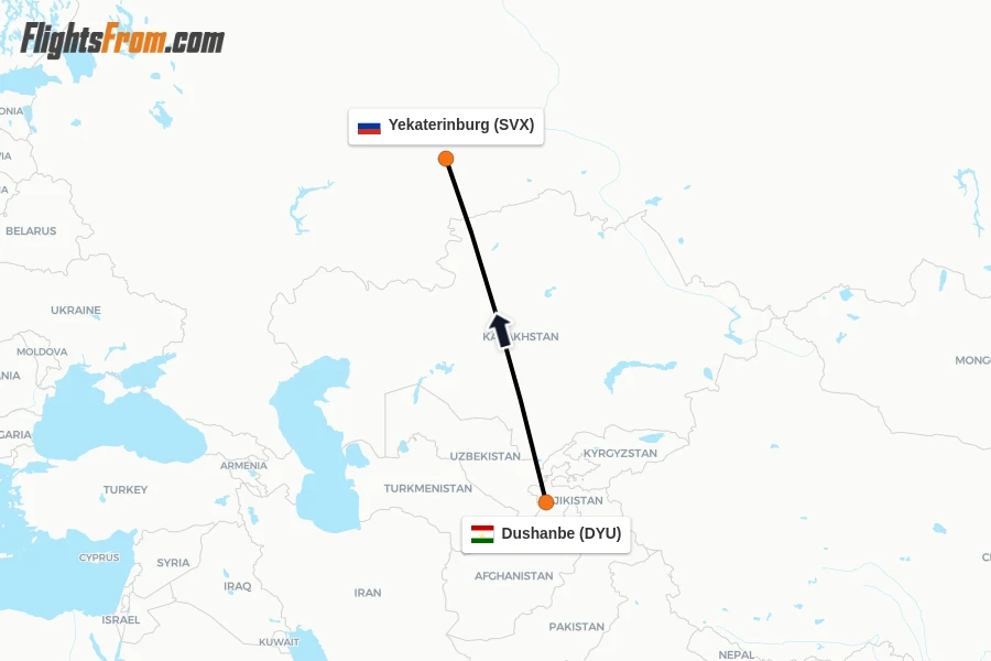 Flights from Dushanbe to Yekaterinburg route map