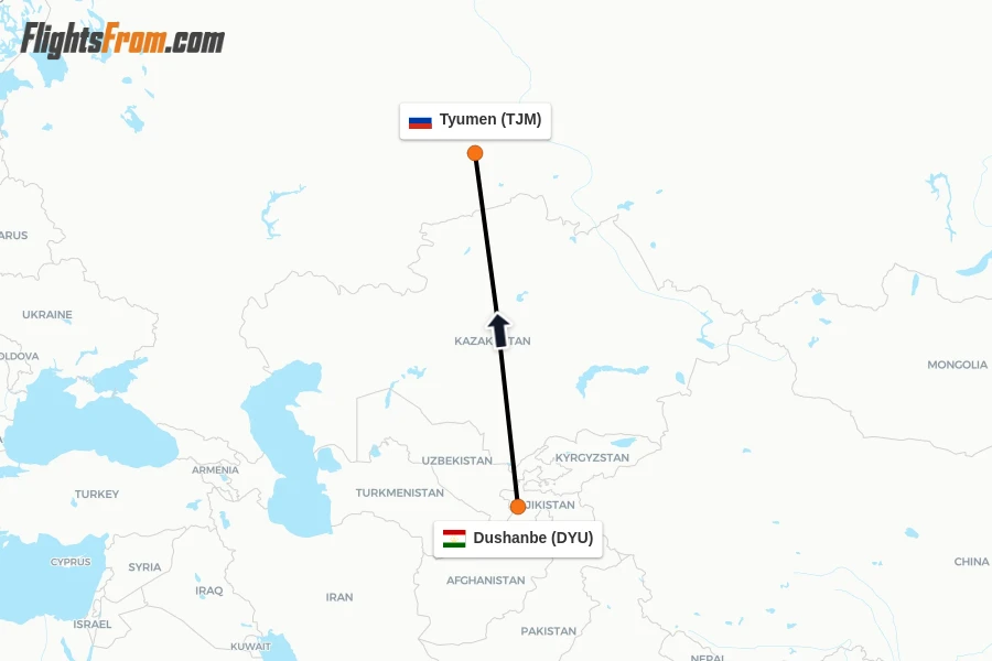 Flights from Dushanbe to Tyumen route map