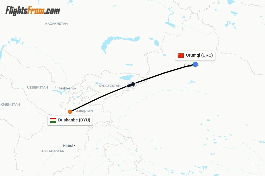 Flights from Dushanbe to Urumqi route map