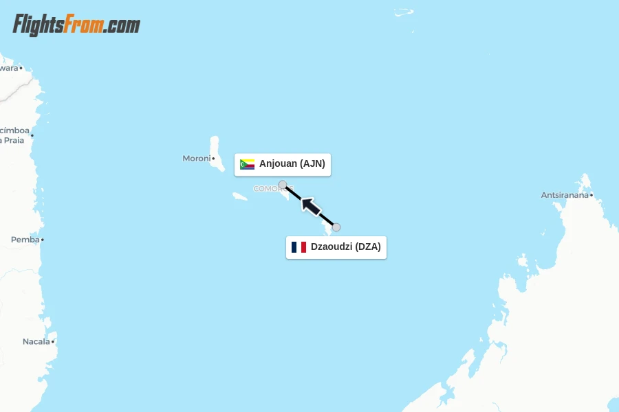 Flights from Dzaoudzi to Anjouan route map