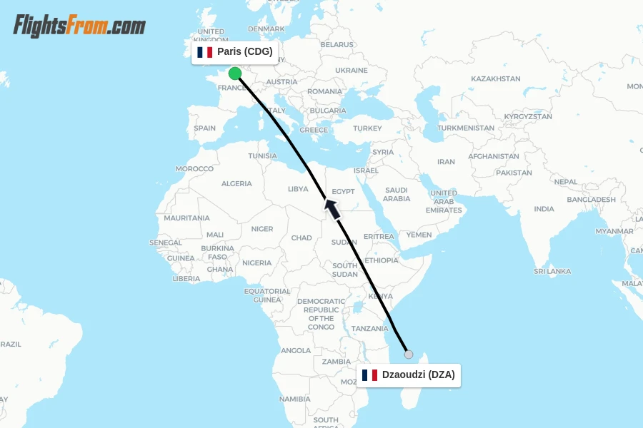Flights from Dzaoudzi to Paris route map