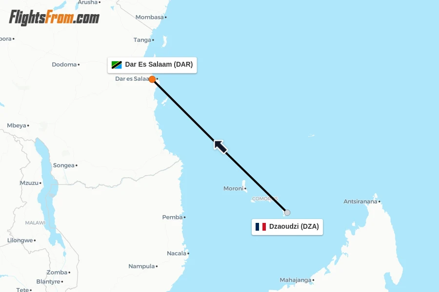 Flights from Dzaoudzi to Dar Es Salaam route map