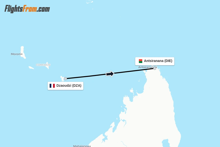 Flights from Dzaoudzi to Antsiranana route map