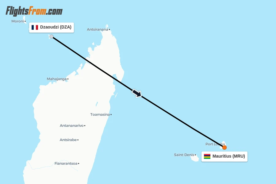 Flights from Dzaoudzi to Mauritius route map