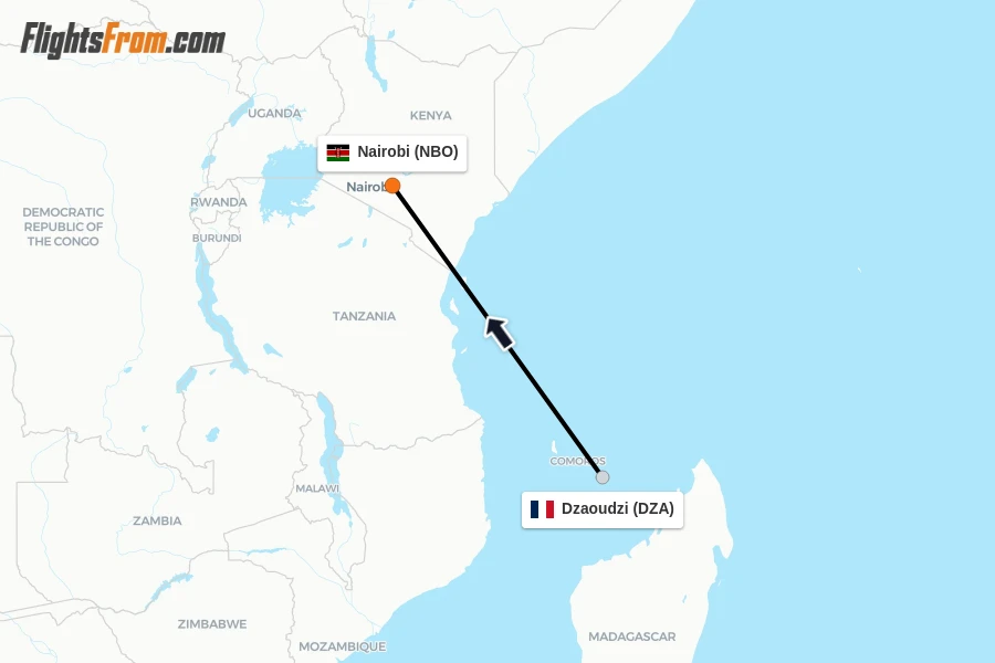 Flights from Dzaoudzi to Nairobi route map