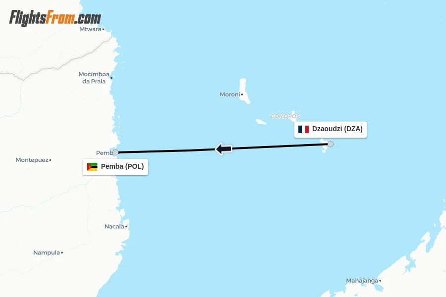 Flights from Dzaoudzi to Pemba route map