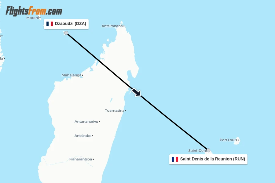 Flights from Dzaoudzi to Saint Denis de la Reunion route map