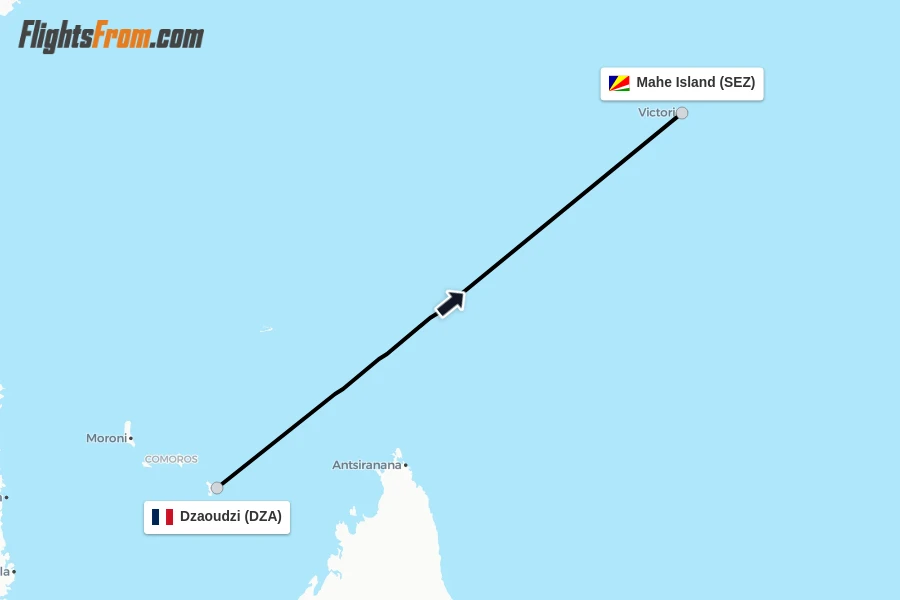 Flights from Dzaoudzi to Mahe Island route map