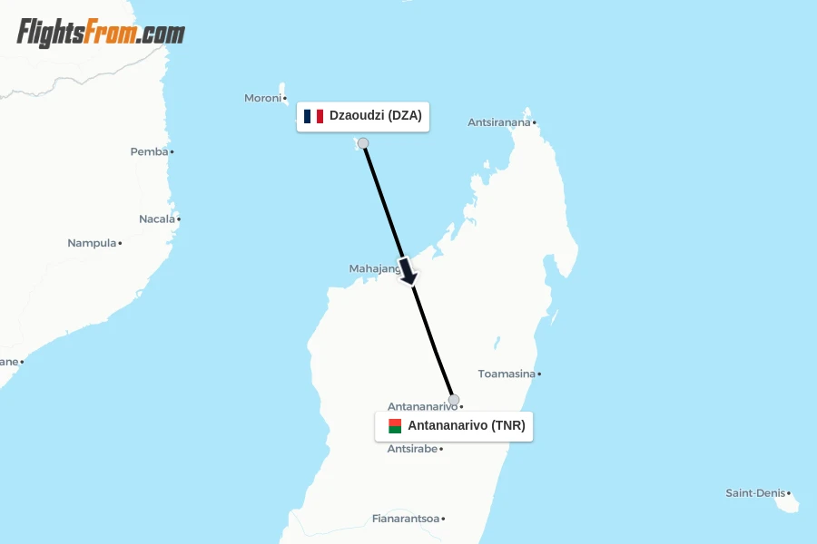 Flights from Dzaoudzi to Antananarivo route map