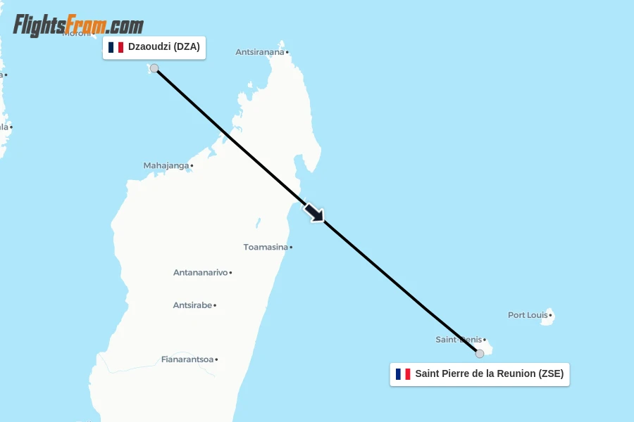Flights from Dzaoudzi to Saint Pierre de la Reunion route map