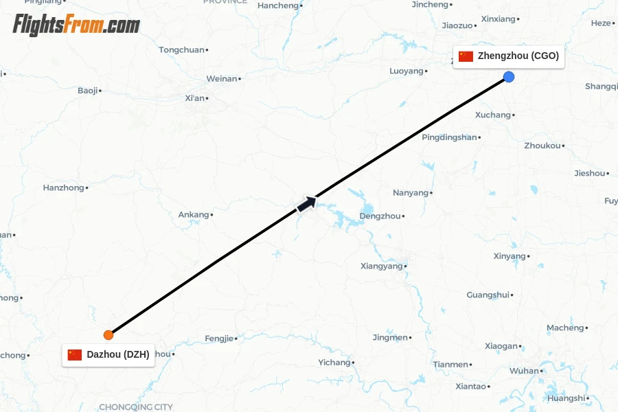 Flights from Dazhou to Zhengzhou route map