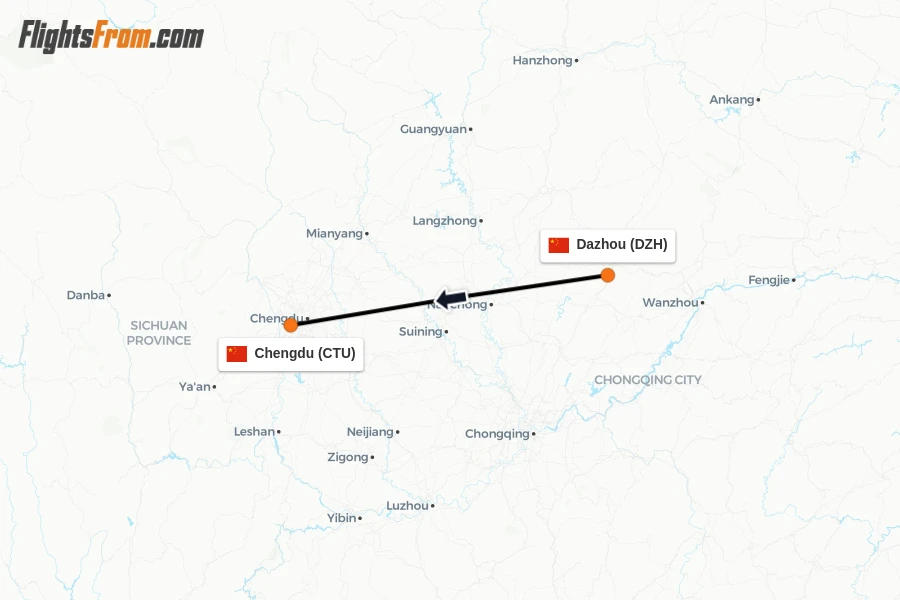 Flights from Dazhou to Chengdu route map