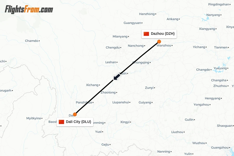 Flights from Dazhou to Dali City route map