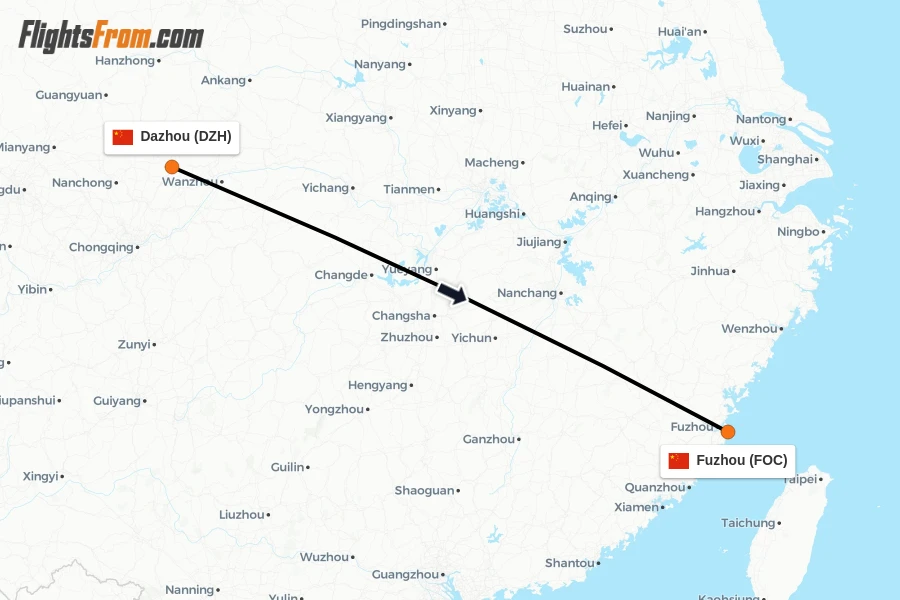 Flights from Dazhou to Fuzhou route map