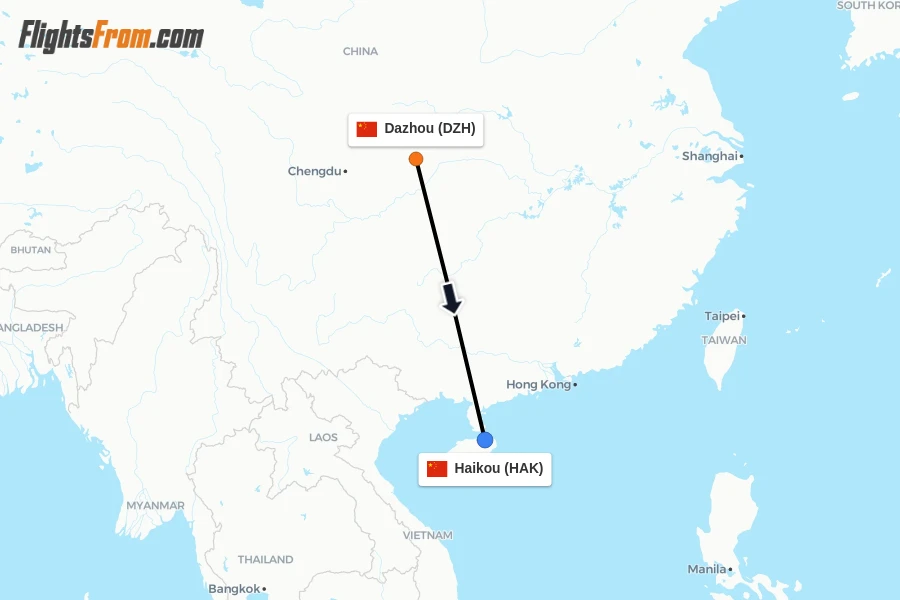 Flights from Dazhou to Haikou route map