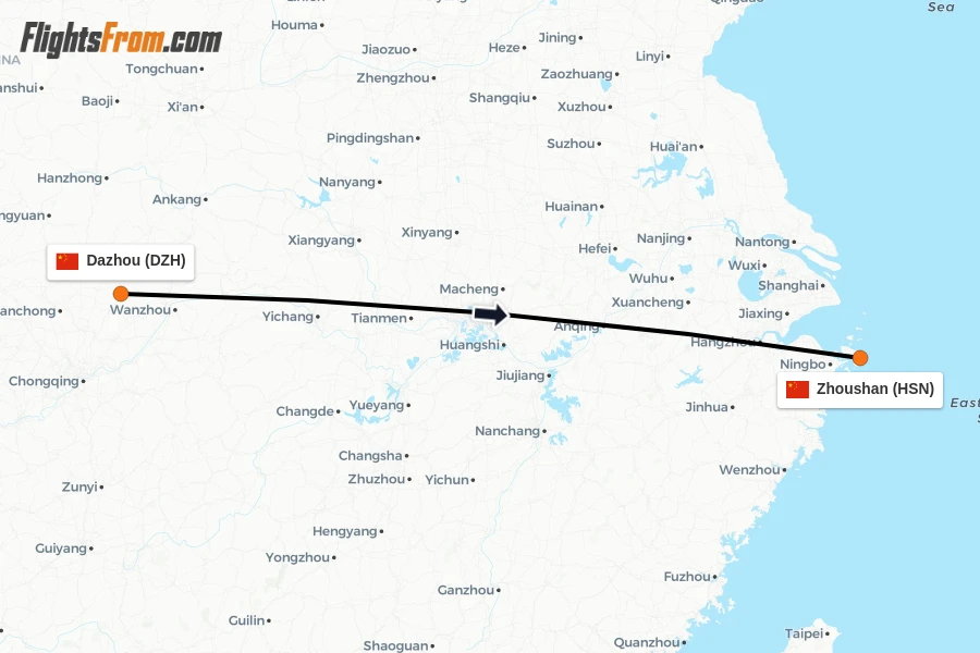 Flights from Dazhou to Zhoushan route map