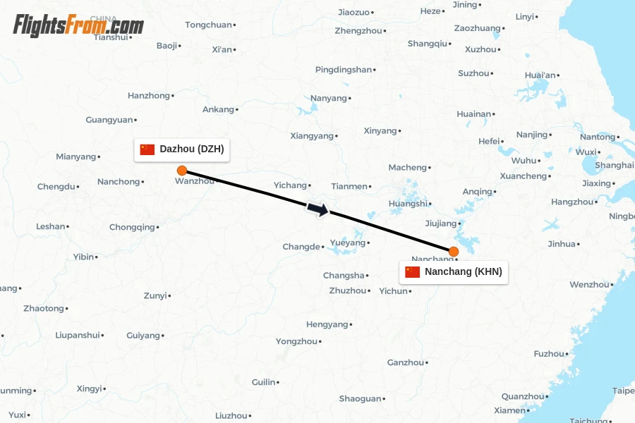 Flights from Dazhou to Nanchang route map