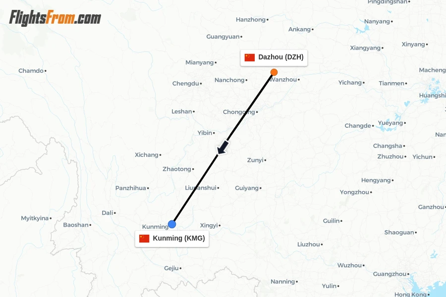 Flights from Dazhou to Kunming route map