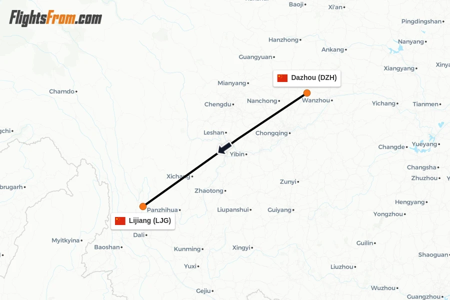 Flights from Dazhou to Lijiang route map