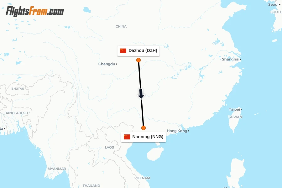 Flights from Dazhou to Nanning route map