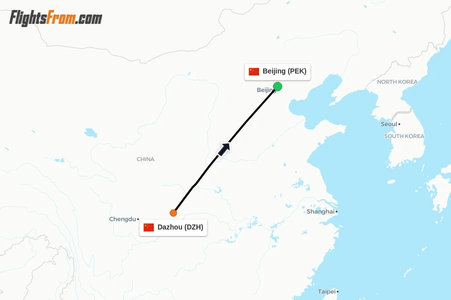 Flights from Dazhou to Beijing route map